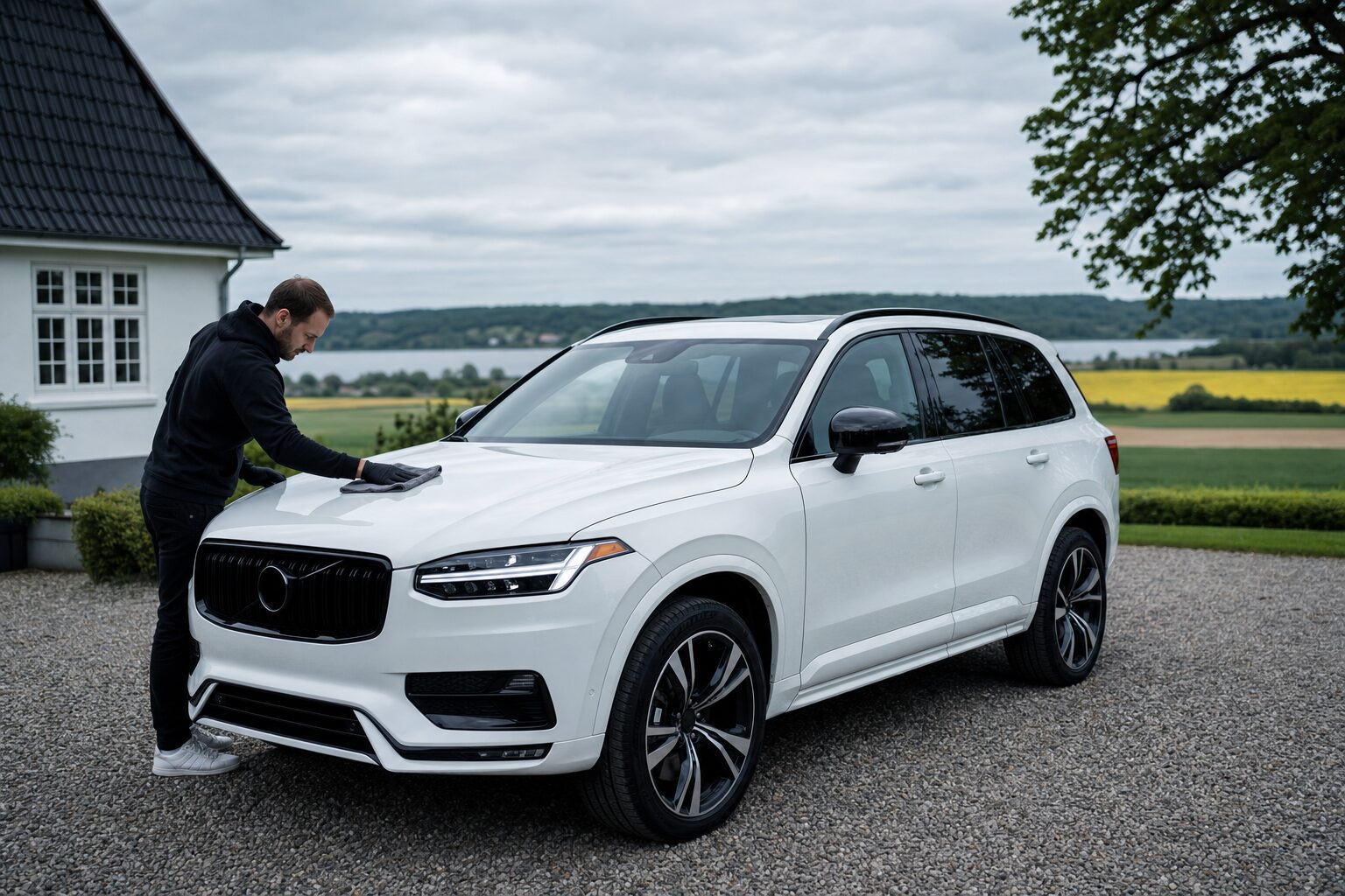 Hvid SUV bliver poleret udenfor et hus på landet